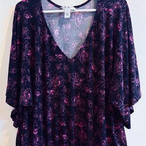 White House Black Market Black V-Neck Floral Jersey Top with Pink Print